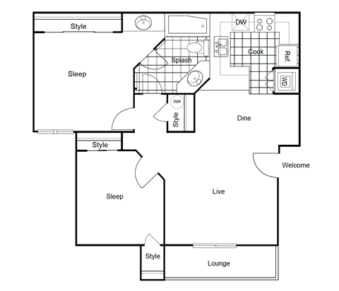 Floor plan for 2 beds, 1 bath, 800 sqft